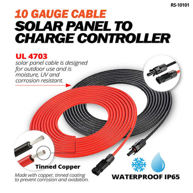 10 Gauge Extension Cable to Connect Solar Panel to Charge Controller | Pair of 10AWG Red and Black Extension Wires for Solar Panel to Charge Controller | Choose Cable Length: 10ft, 20ft, 30ft-2