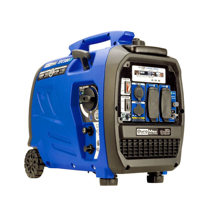 A small black and blue handheld inverter generator