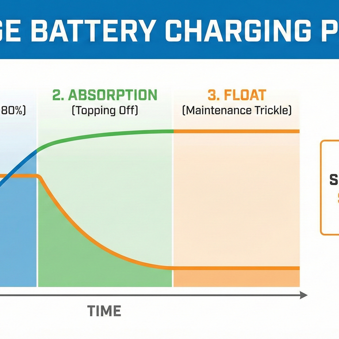 A graph displaying majority of the incoming battery powered is stored within the first 30% of charging time, while the rest of the time is "topping off" and maintenance trickle