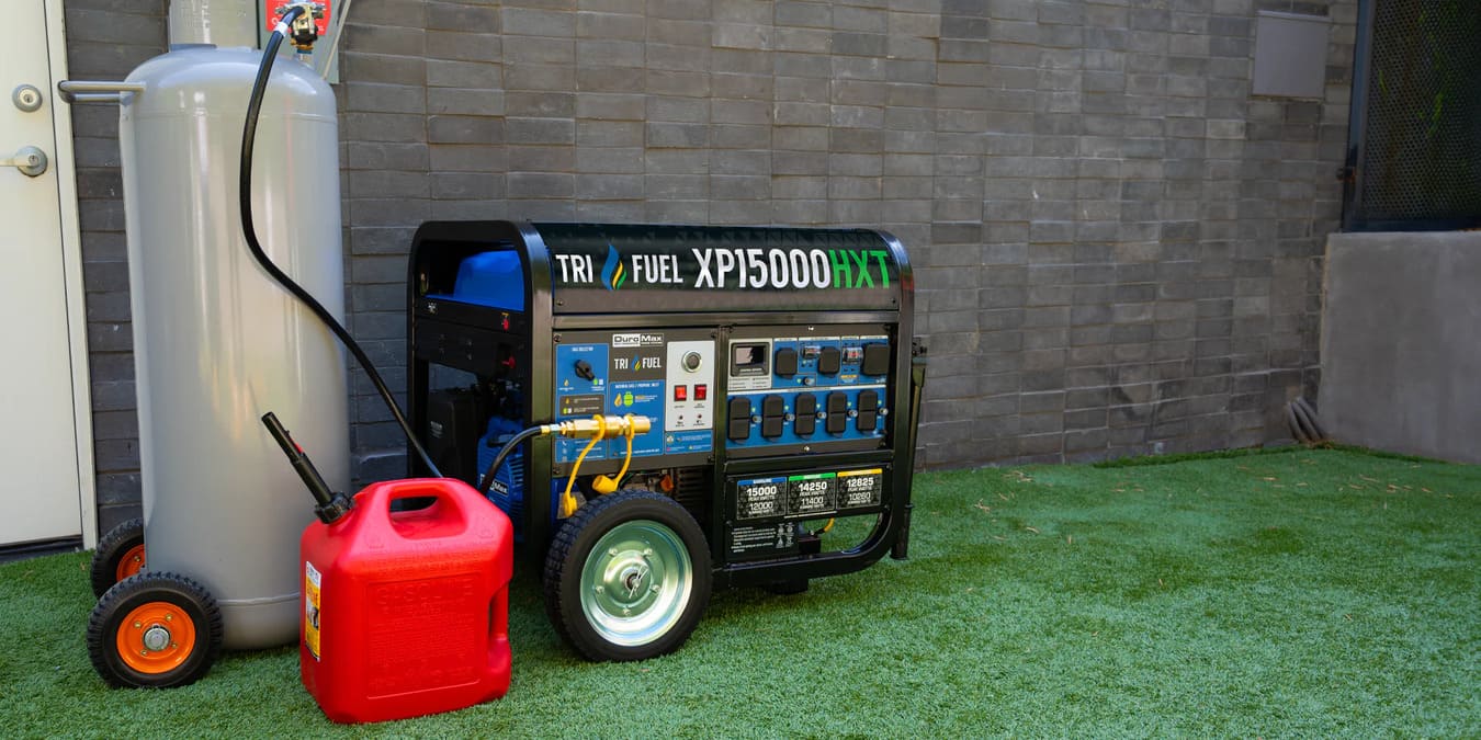 The XP15000HXT Tri-Fuel Portable Generator using propane and gasoline as a fuel source