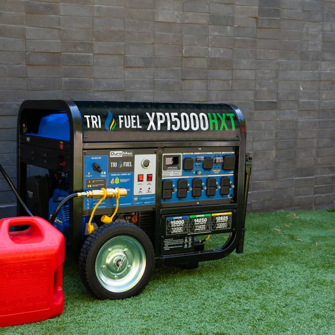 The XP15000HXT Tri-Fuel Portable Generator using propane and gasoline as a fuel source