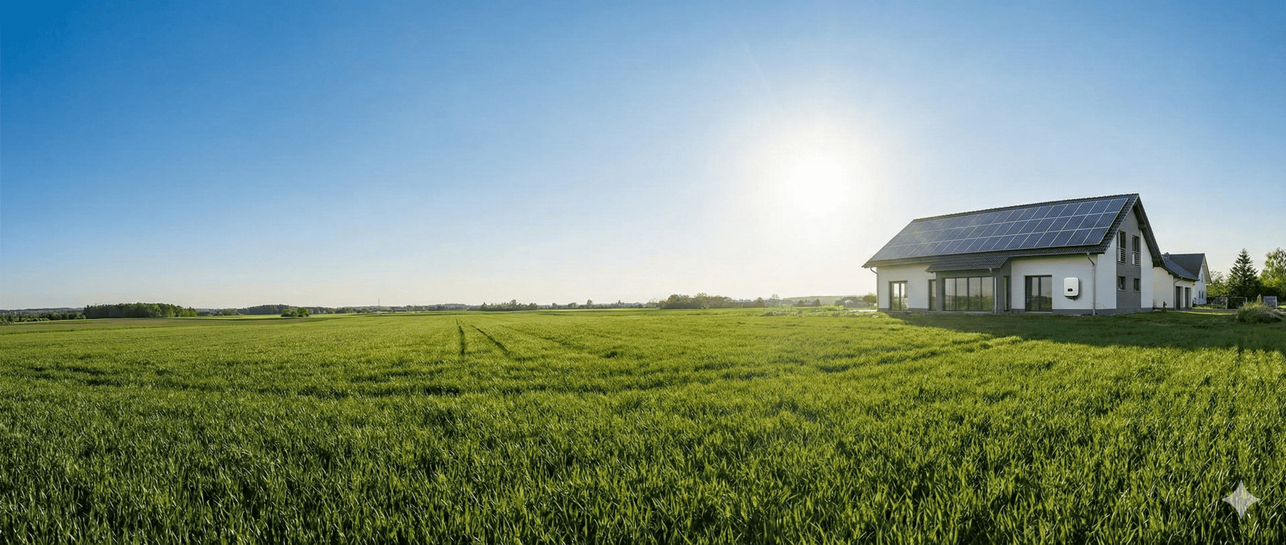 A solar home on the right side with a green field, blue skies, and bright sun behind it