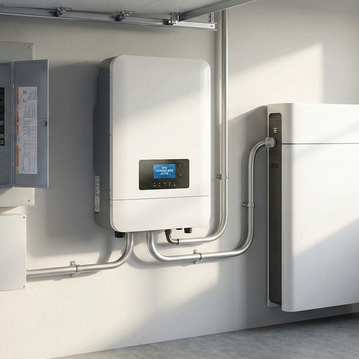 A Hybrid inverter and battery hooked up to electrical panel in a white garage with window