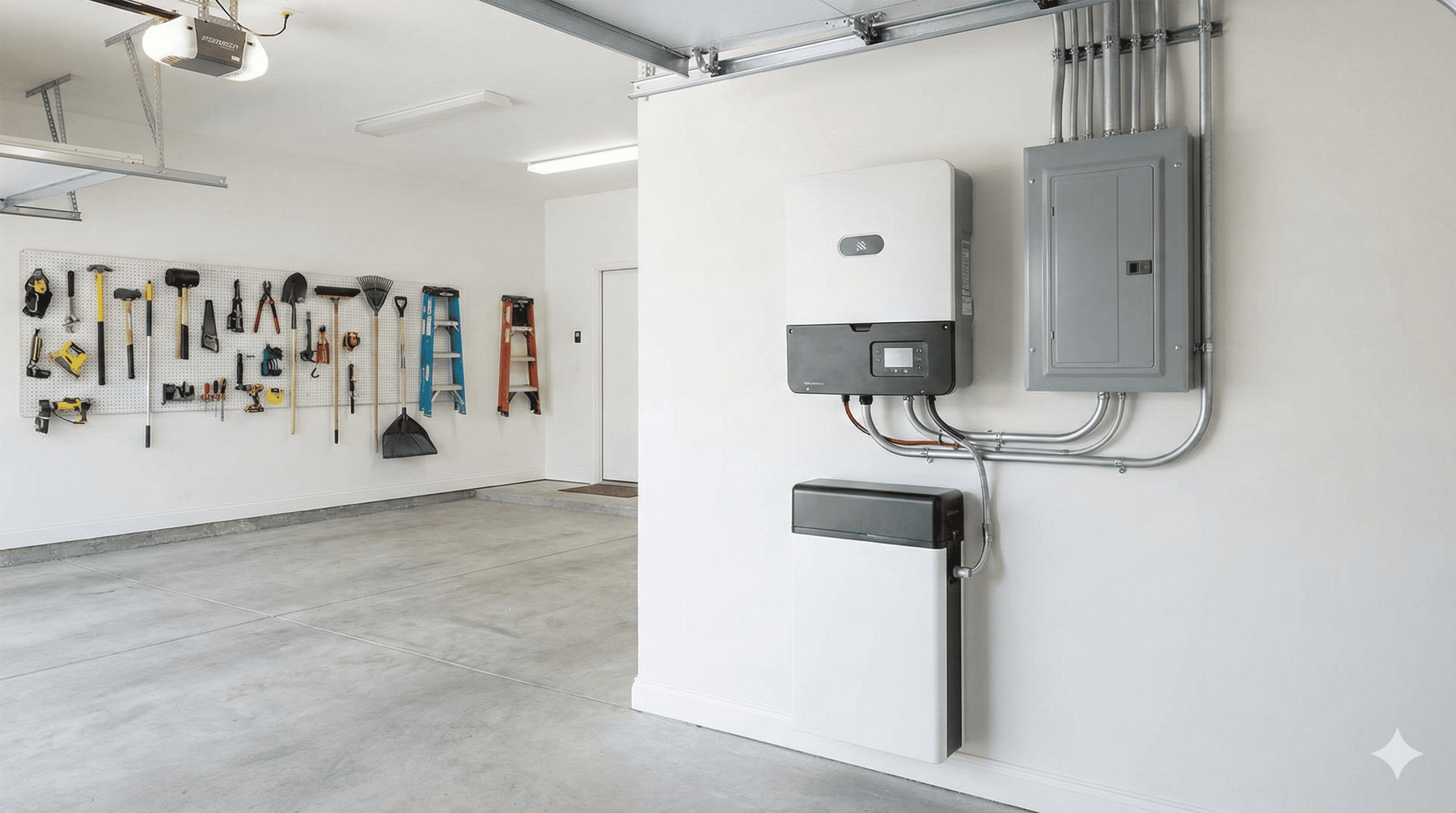 An inverter installed in a garage with plenty of space around it