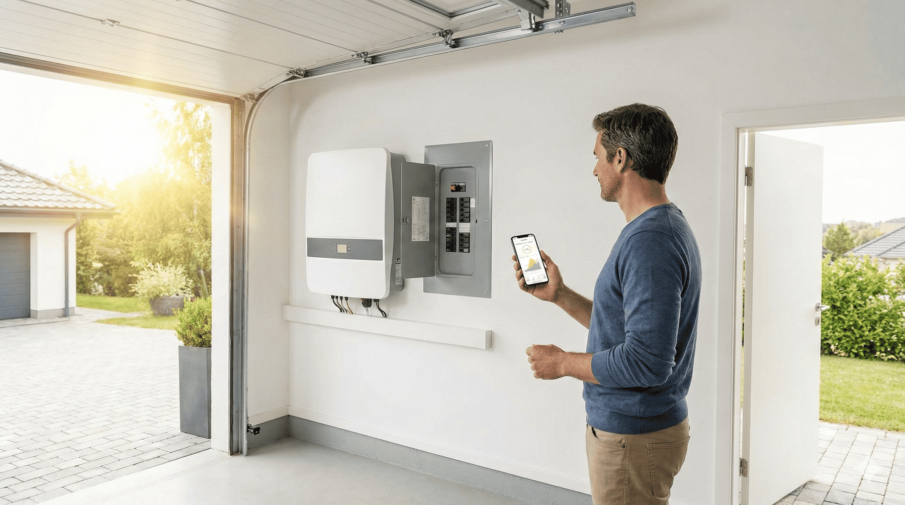 A man checks the status of his inverter on his phone in his garage next to electrical breaker box