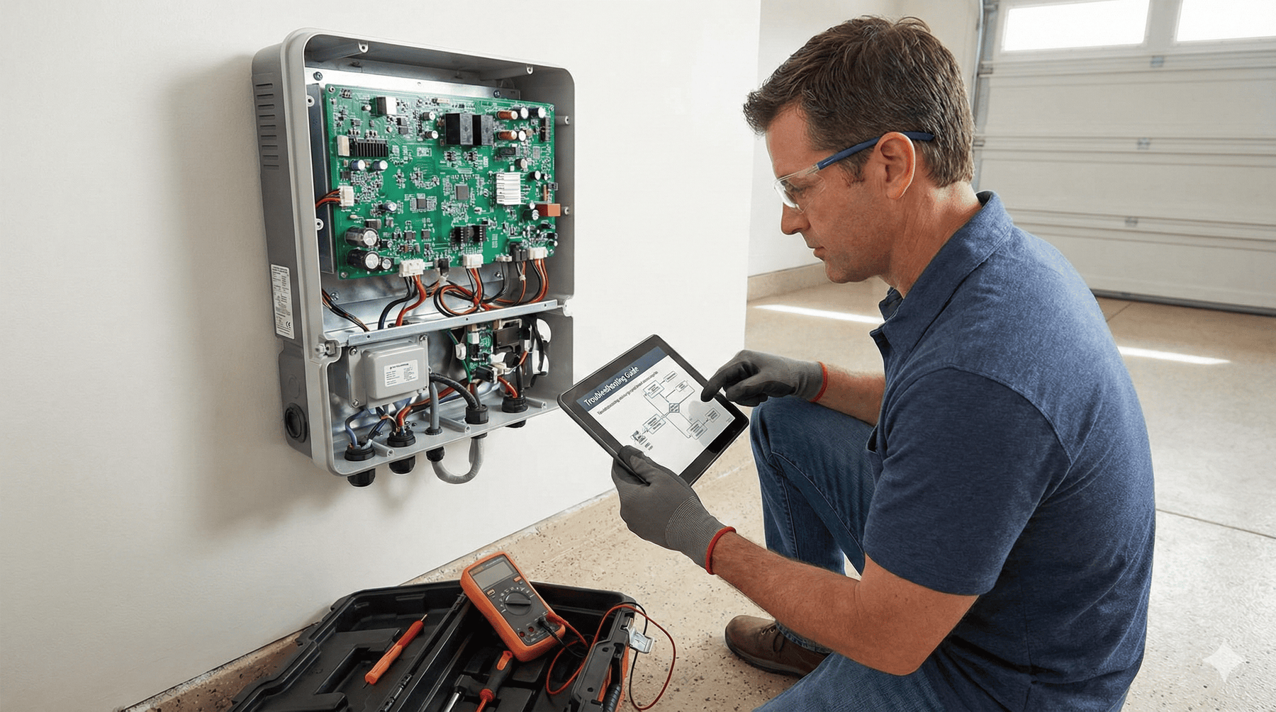 A man is inspecting the insides of an inverter