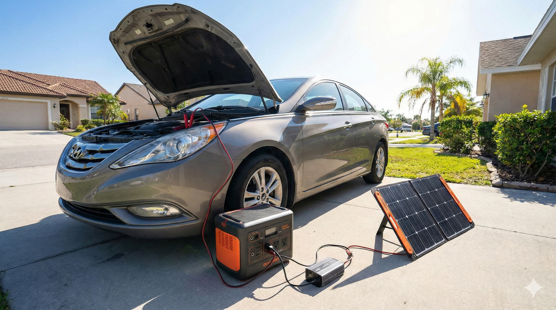 charging a car with a jackery battery, solar panel, and inverter