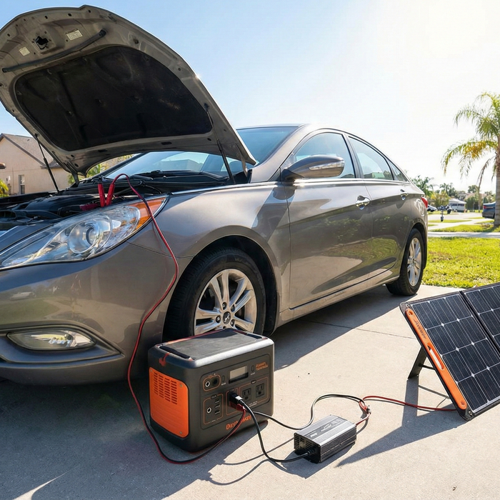 charging a car with a jackery battery, solar panel, and inverter