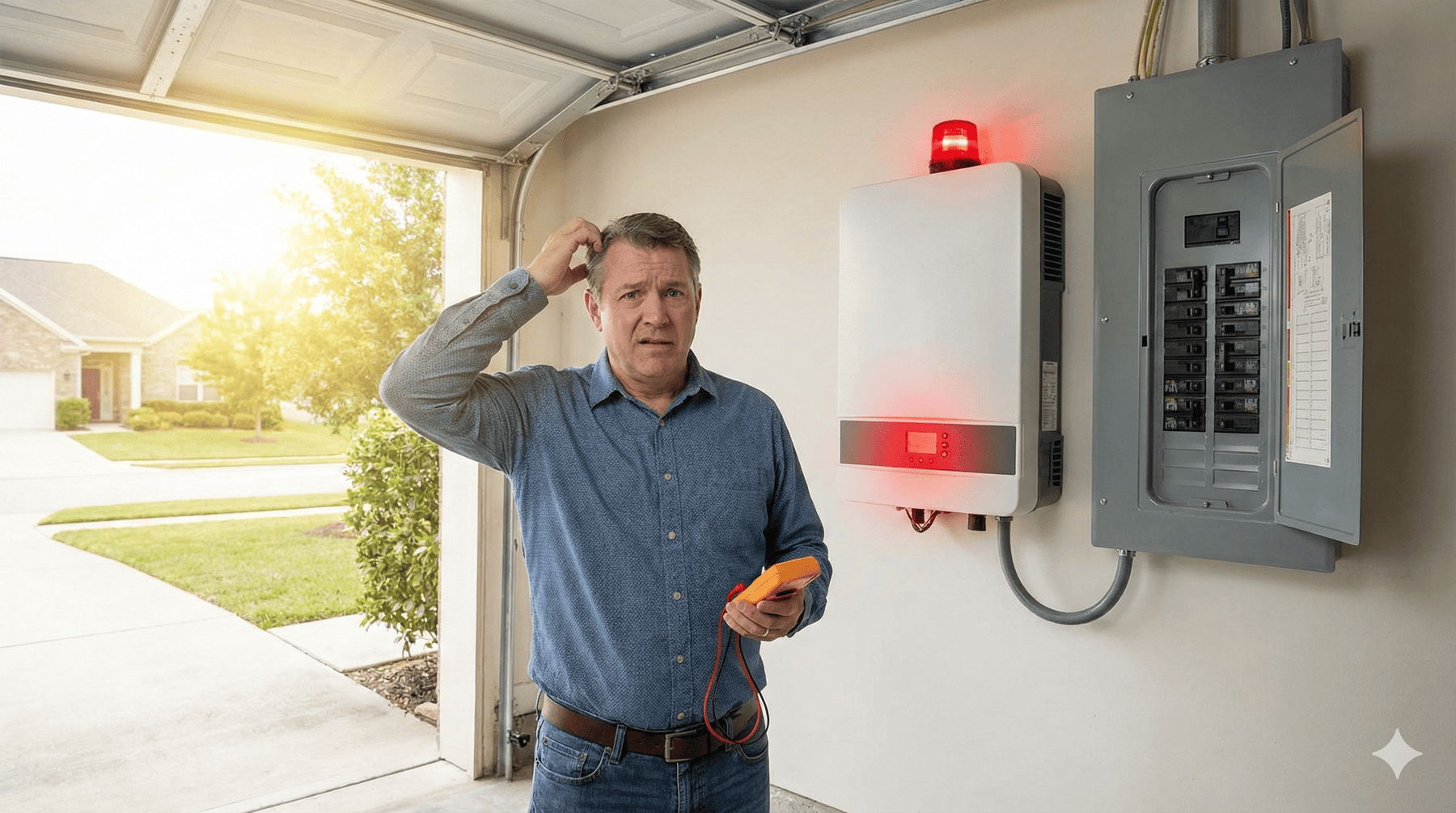 An elderly gentleman scratching his head why his solar inverter is not working while the device display red lights and sirens