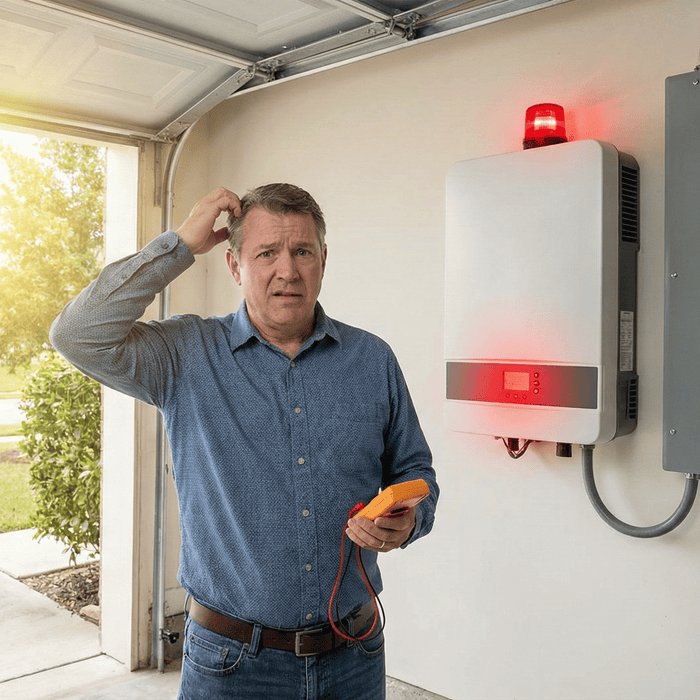 An elderly gentleman scratching his head why his solar inverter is not working while the device display red lights and sirens