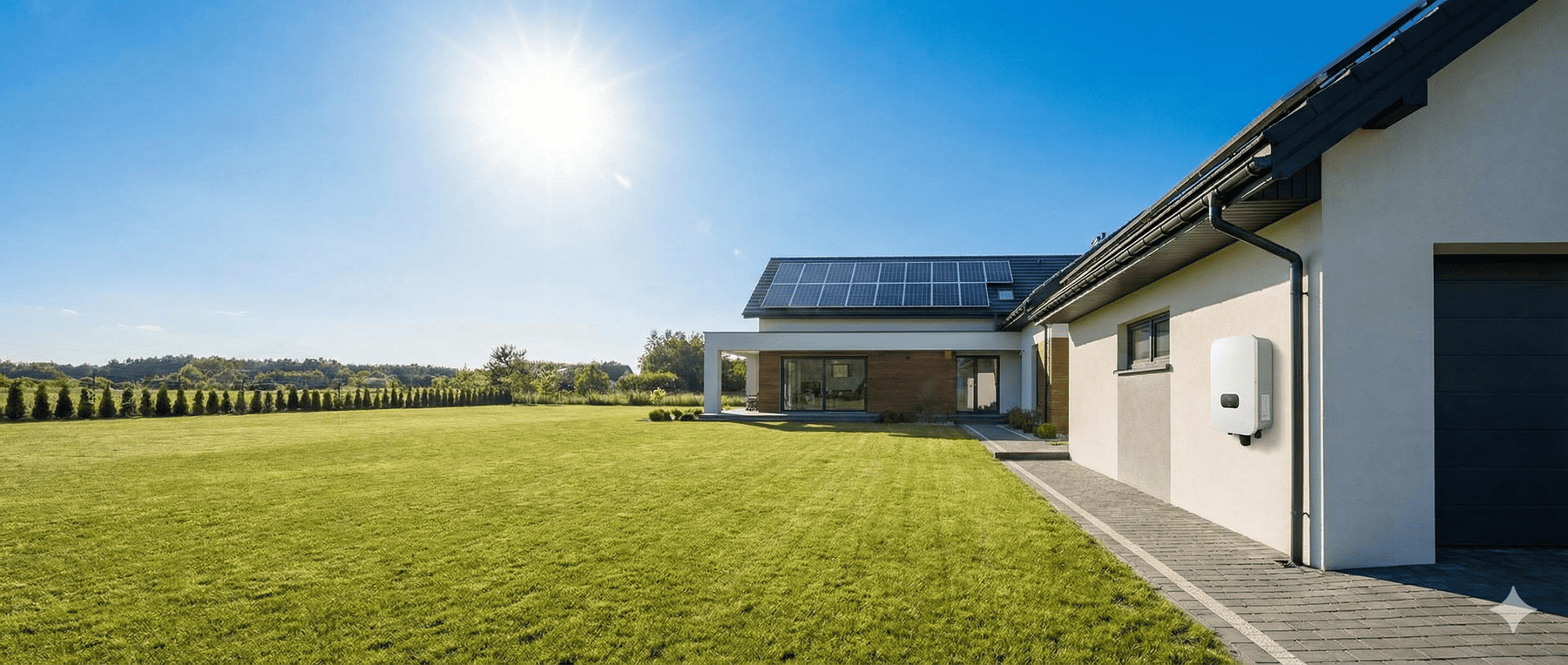 A house with solar panels and inverters installed and a backyard with green grass and bright blue sky