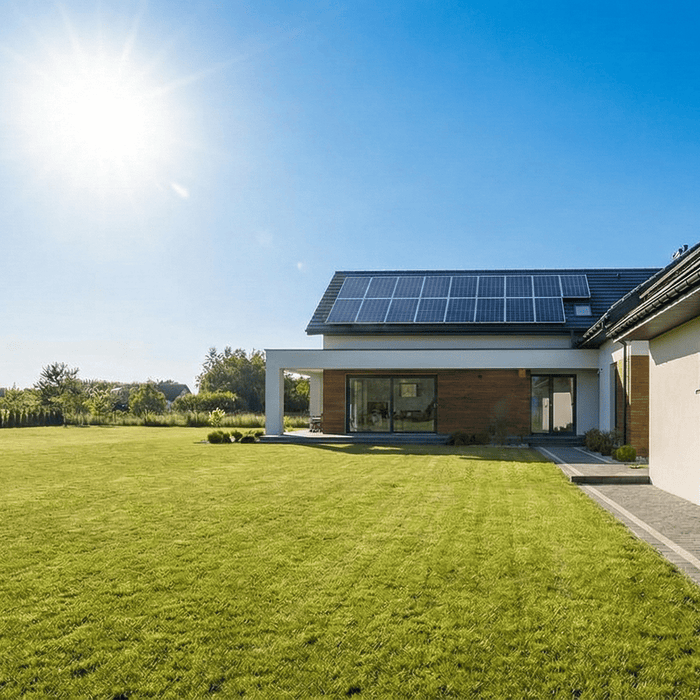 A house with solar panels and inverters installed and a backyard with green grass and bright blue sky