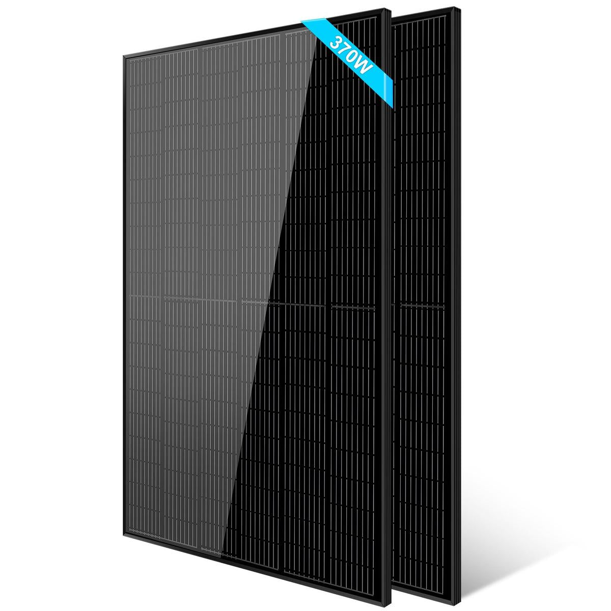 A black monocrystalline silicon solar panel with a label indicating 370W power output, positioned vertically.