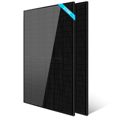 A black monocrystalline silicon solar panel with a label indicating 370W power output, positioned vertically.