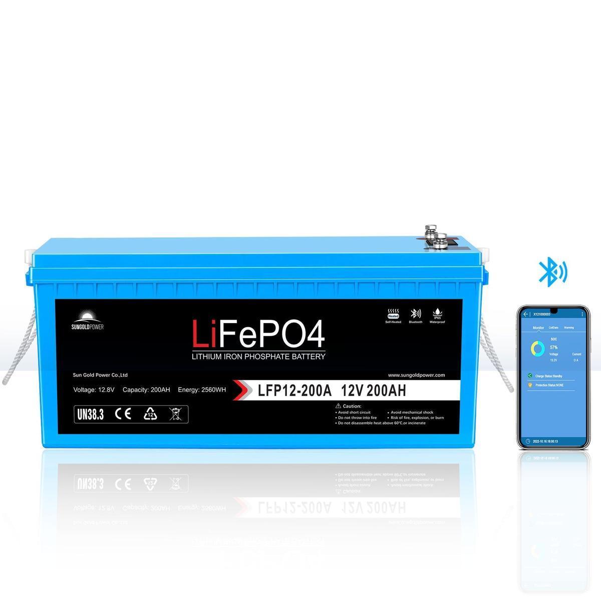 A blue lithium iron phosphate (LiFePO4) battery with Bluetooth connectivity, labeled 12V 200Ah, and an LCD display showing battery information. The battery has safety certifications and is designed for use in various electronic applications.