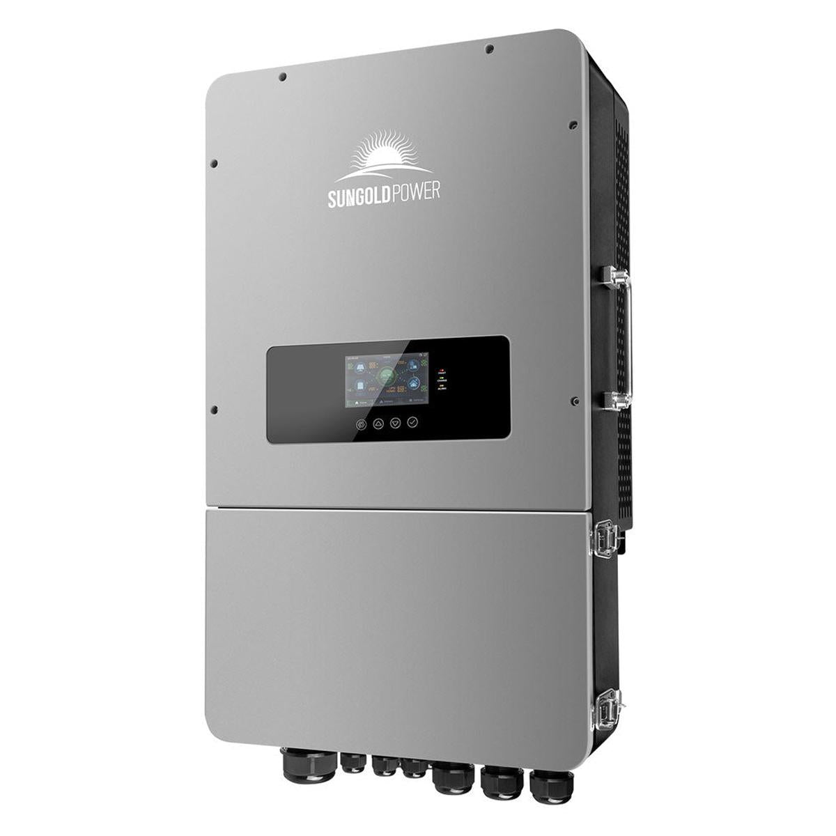 A gray SungoldPower hybrid inverter with a digital display and multiple connectors.
