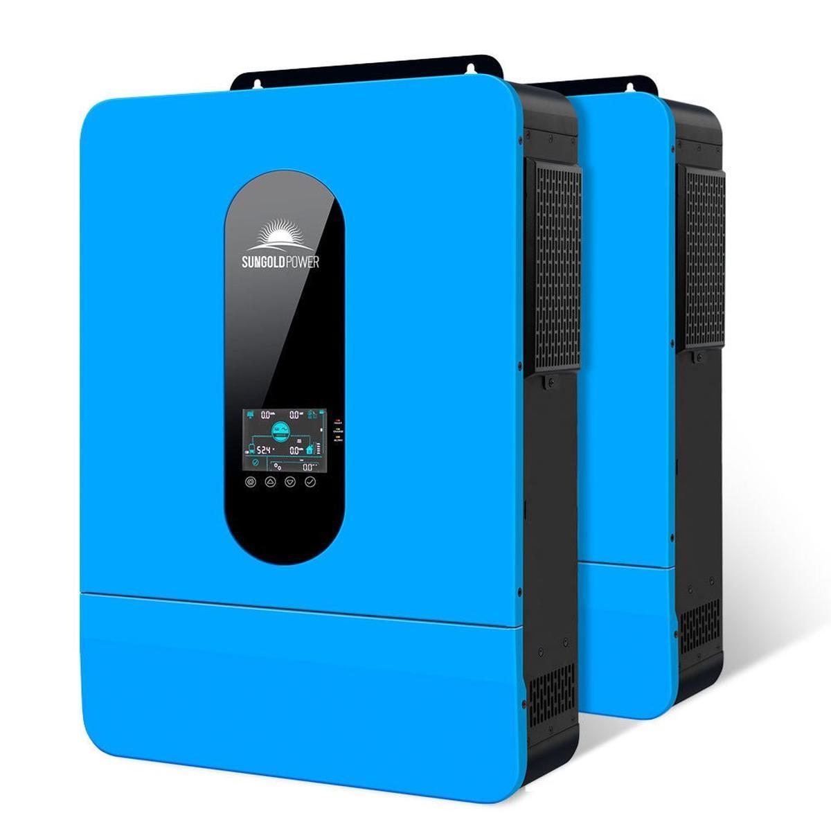 A blue power inverter with a digital display and multiple ports, designed for solar charging and inverter functions.