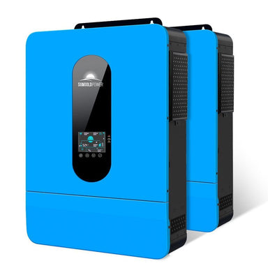 A blue power inverter with a digital display and multiple ports, designed for solar charging and inverter functions.