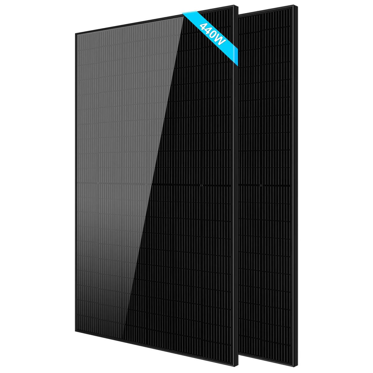 A black monocrystalline silicon solar panel with a blue ribbon indicating the brand SunGoldPower.