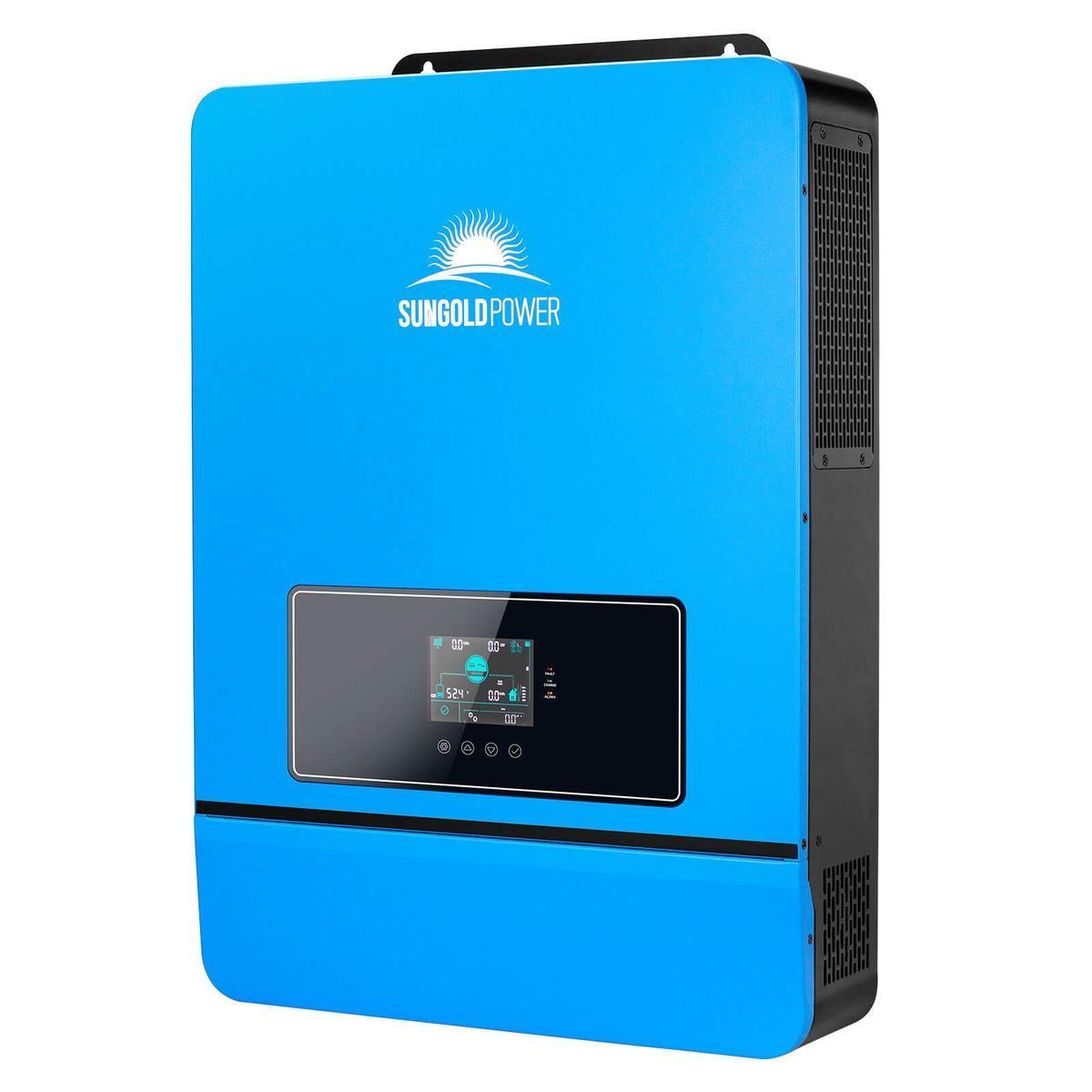 Blue power inverter with a digital display and SunGoldPower logo on the front.