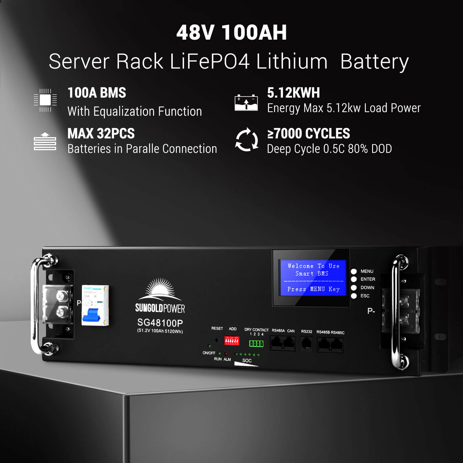 4 X 48V 100AH Server Rack LiFePO4 Lithium  Battery SG48100P UL1973  UL9540A