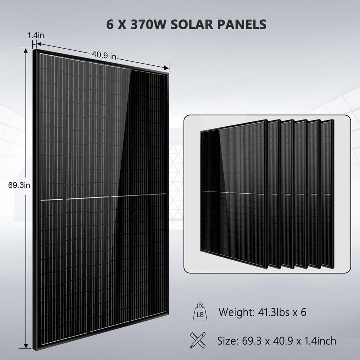 Off-Grid Solar Kit 6500W 48VDC 120/240VAC 10.24KWH PowerWall Lithium Battery 6 X 370 Watts Solar Panels SGM-6510M-4