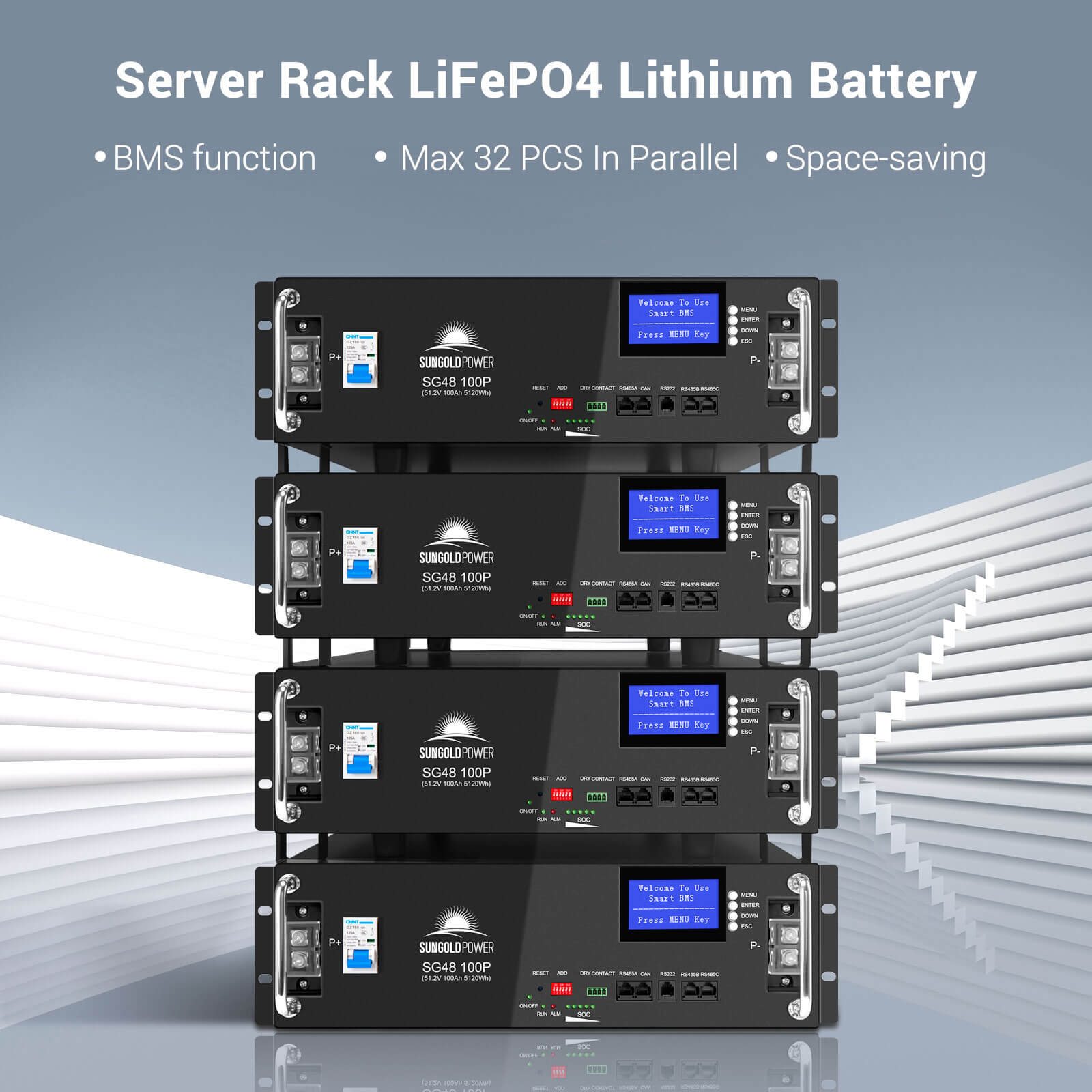 4 X 48V 100AH Server Rack LiFePO4 Lithium  Battery SG48100P UL1973  UL9540A