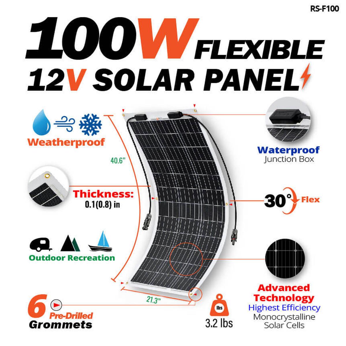 MEGA 100 FLEX | 100 Watt Flexible Solar Panel | Lightweight 12V Flexible Solar Panel for Vans, Boats, Trailers | High Efficiency-3