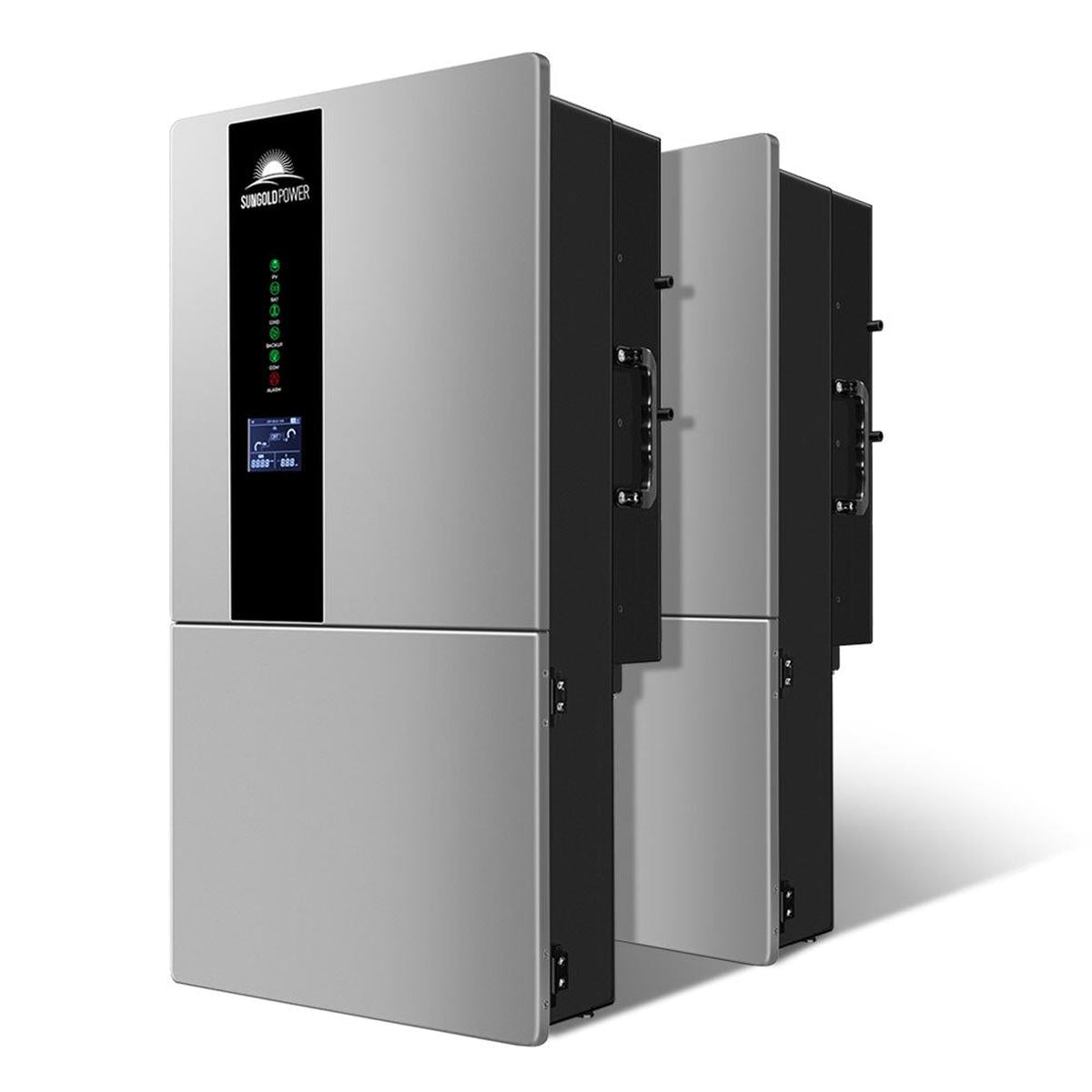An image showing a power inverter with LED and LCD HD display indicating features such as PV, BAT, GRID, BACKUP, COM, and ALARM status. The device is portrayed in a gray color with a digital display on the front.