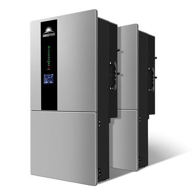 An image showing a power inverter with LED and LCD HD display indicating features such as PV, BAT, GRID, BACKUP, COM, and ALARM status. The device is portrayed in a gray color with a digital display on the front.