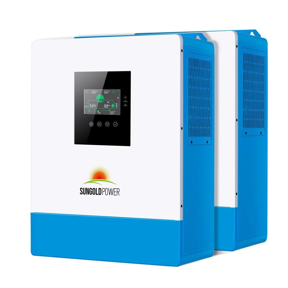 An all-in-one solar MPPT inverter charger with a display screen, predominantly white with blue accents, and information about the product's specifications.