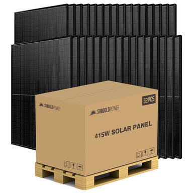 A black monocrystalline silicon solar panel with a label indicating '415W'.