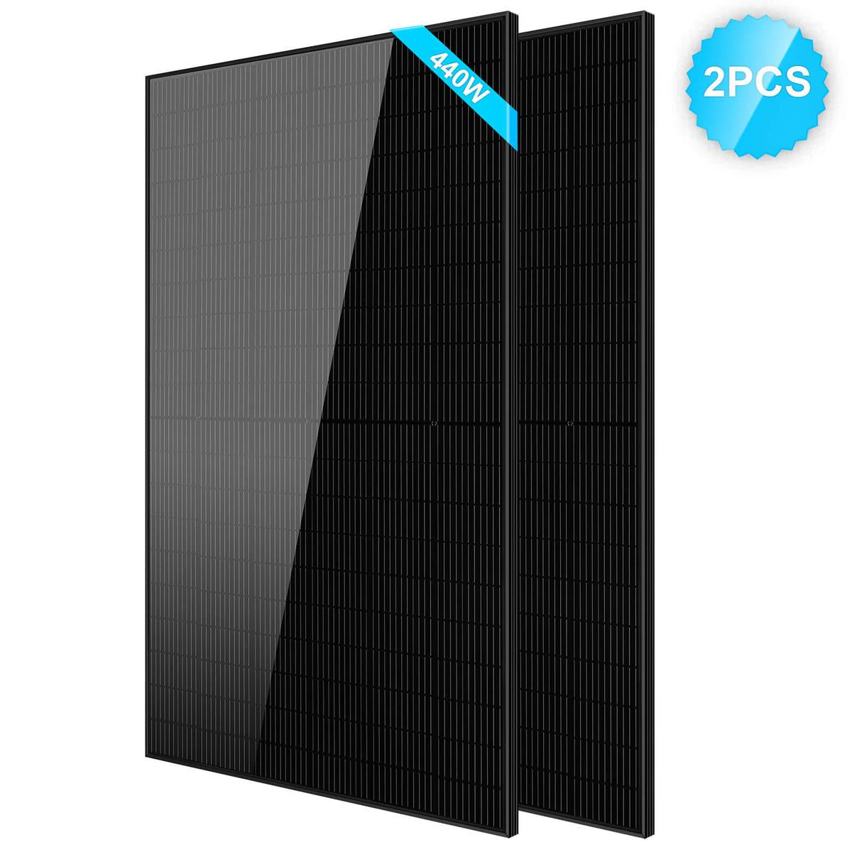 A black monocrystalline silicon solar panel with a blue ribbon indicating the brand SunGoldPower.