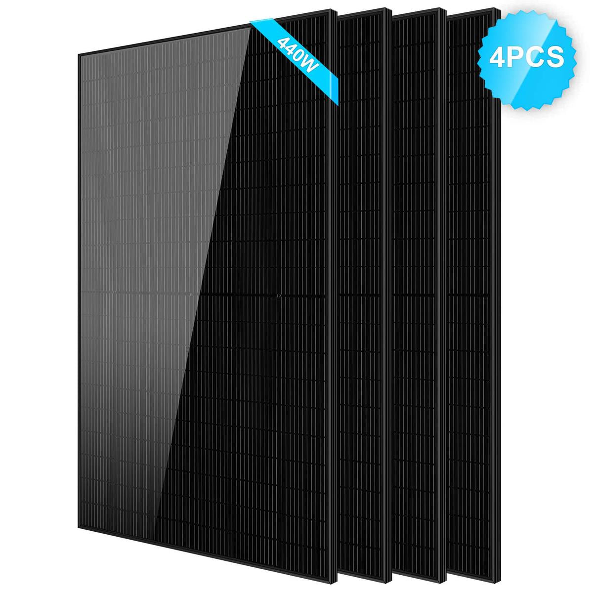 A black monocrystalline silicon solar panel with a blue ribbon indicating the brand SunGoldPower.