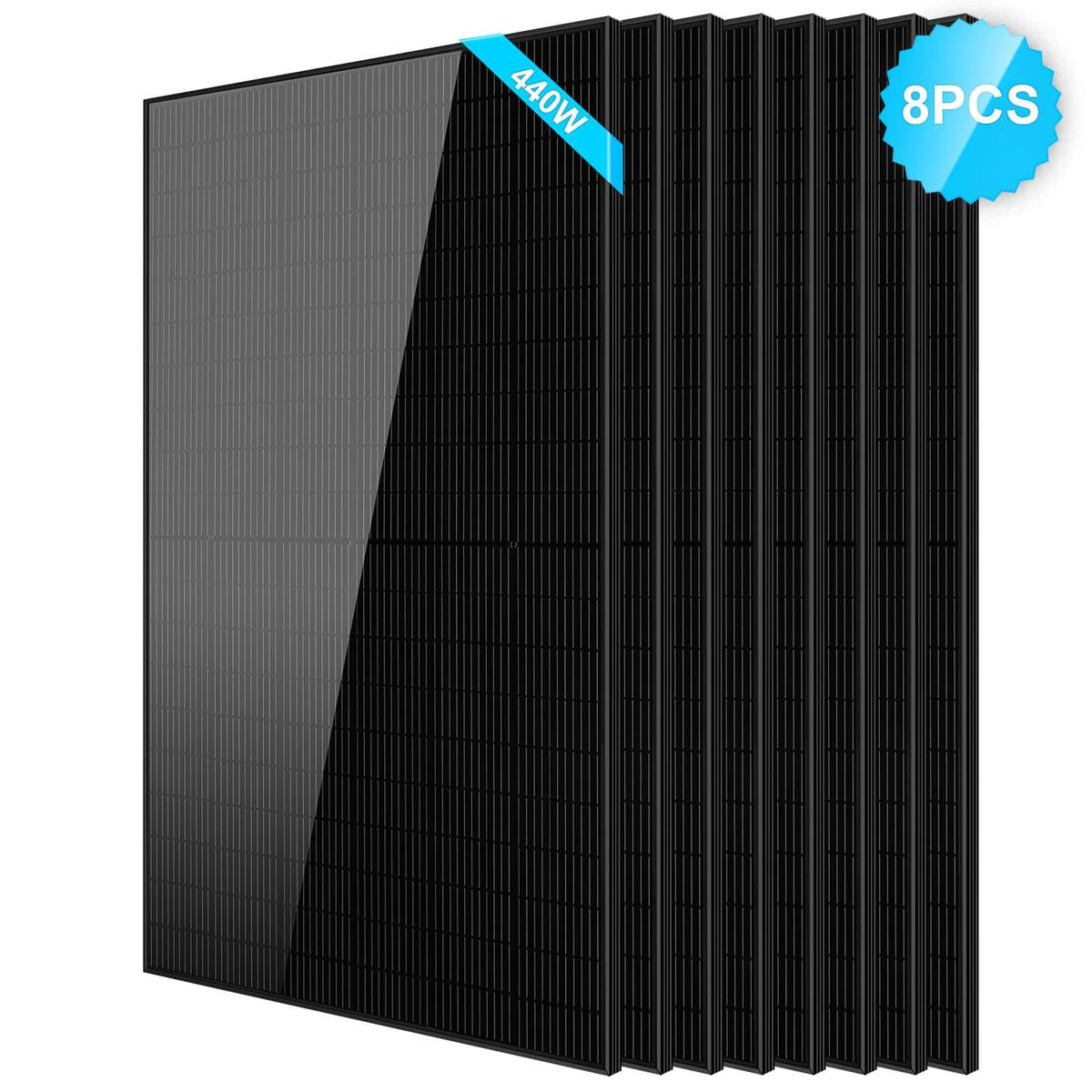 A black monocrystalline silicon solar panel with a blue ribbon indicating the brand SunGoldPower.