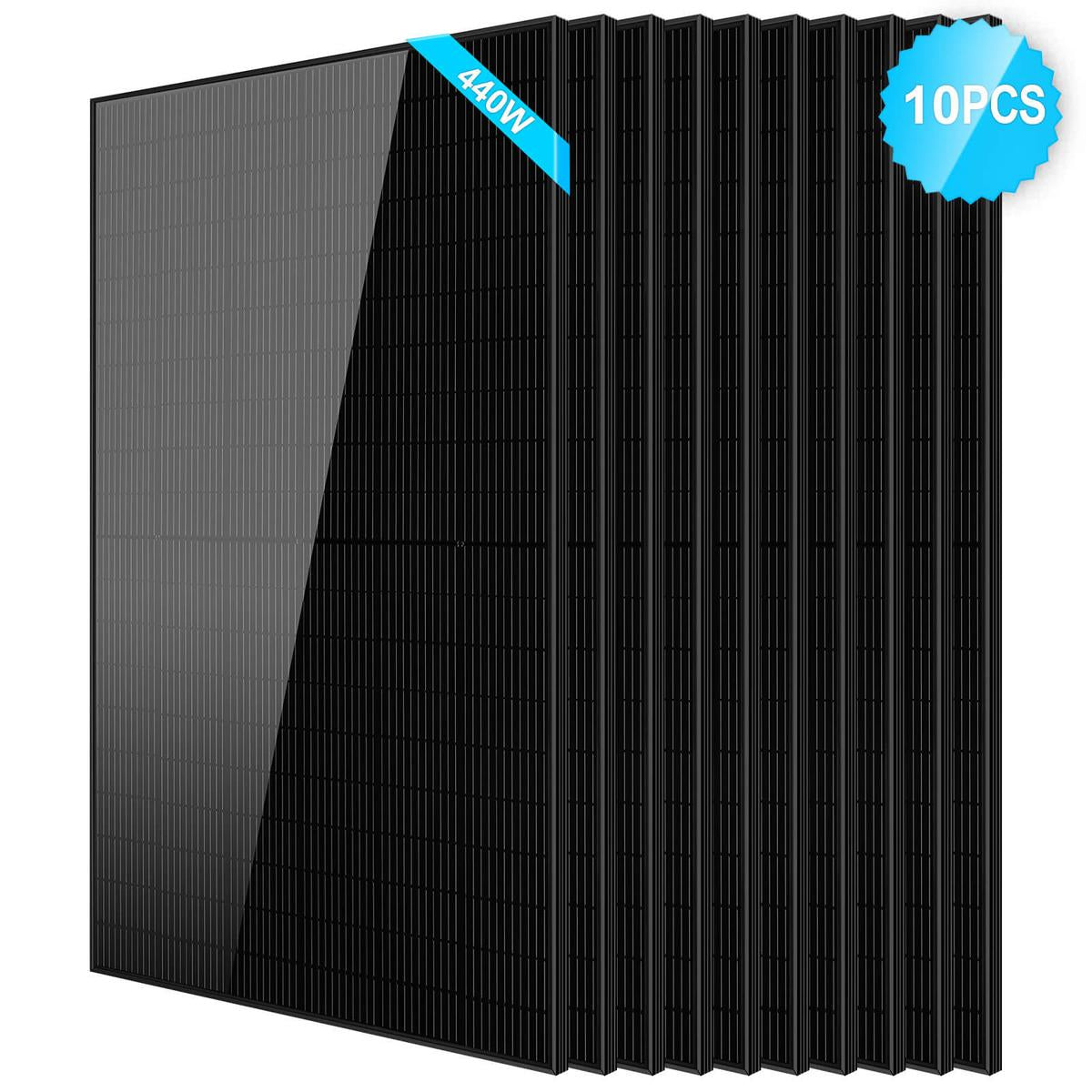 A black monocrystalline silicon solar panel with a blue ribbon indicating the brand SunGoldPower.