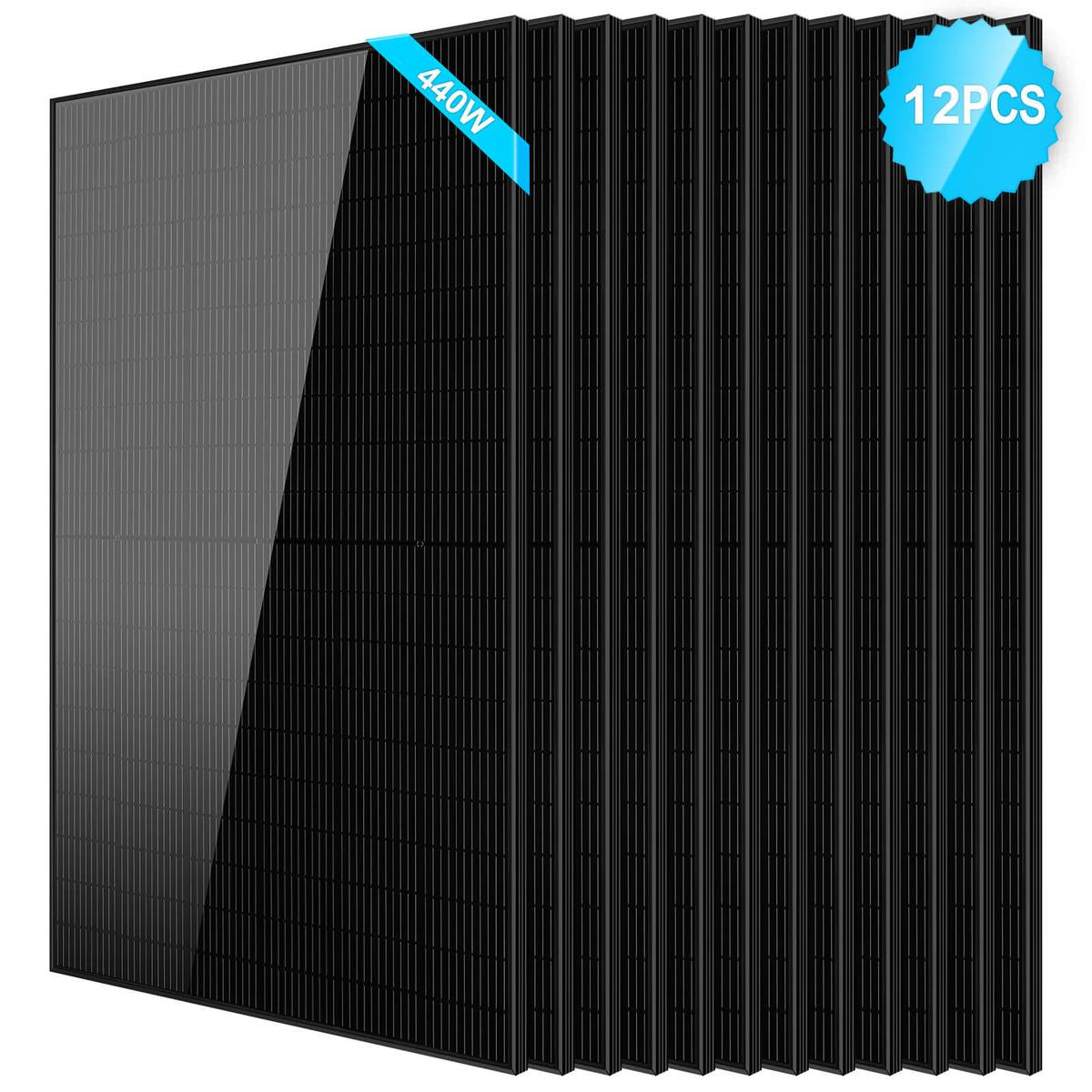 A black monocrystalline silicon solar panel with a blue ribbon indicating the brand SunGoldPower.