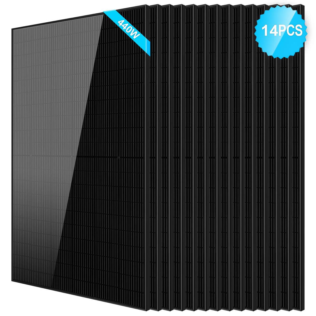 A black monocrystalline silicon solar panel with a blue ribbon indicating the brand SunGoldPower.