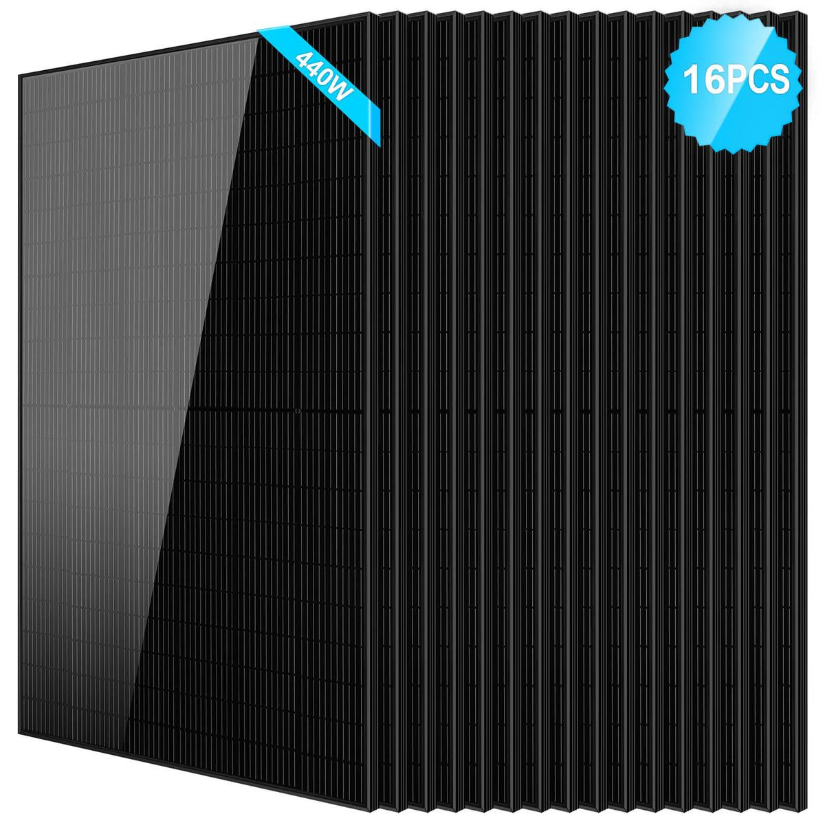 A black monocrystalline silicon solar panel with a blue ribbon indicating the brand SunGoldPower.