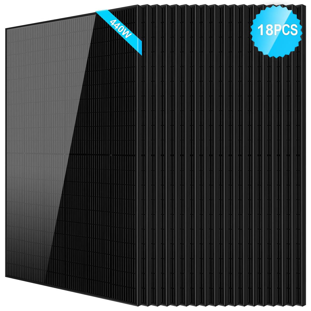A black monocrystalline silicon solar panel with a blue ribbon indicating the brand SunGoldPower.