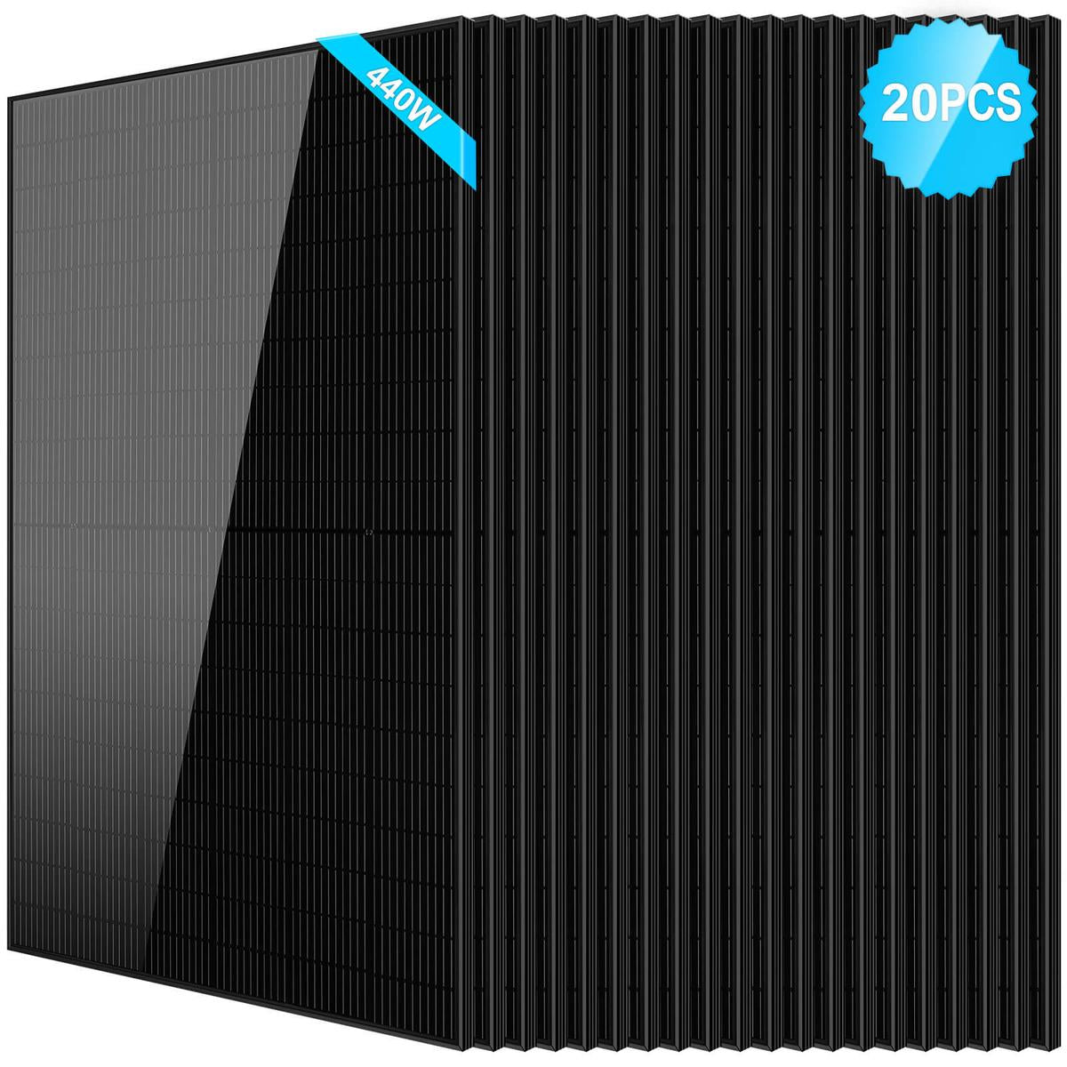 A black monocrystalline silicon solar panel with a blue ribbon indicating the brand SunGoldPower.
