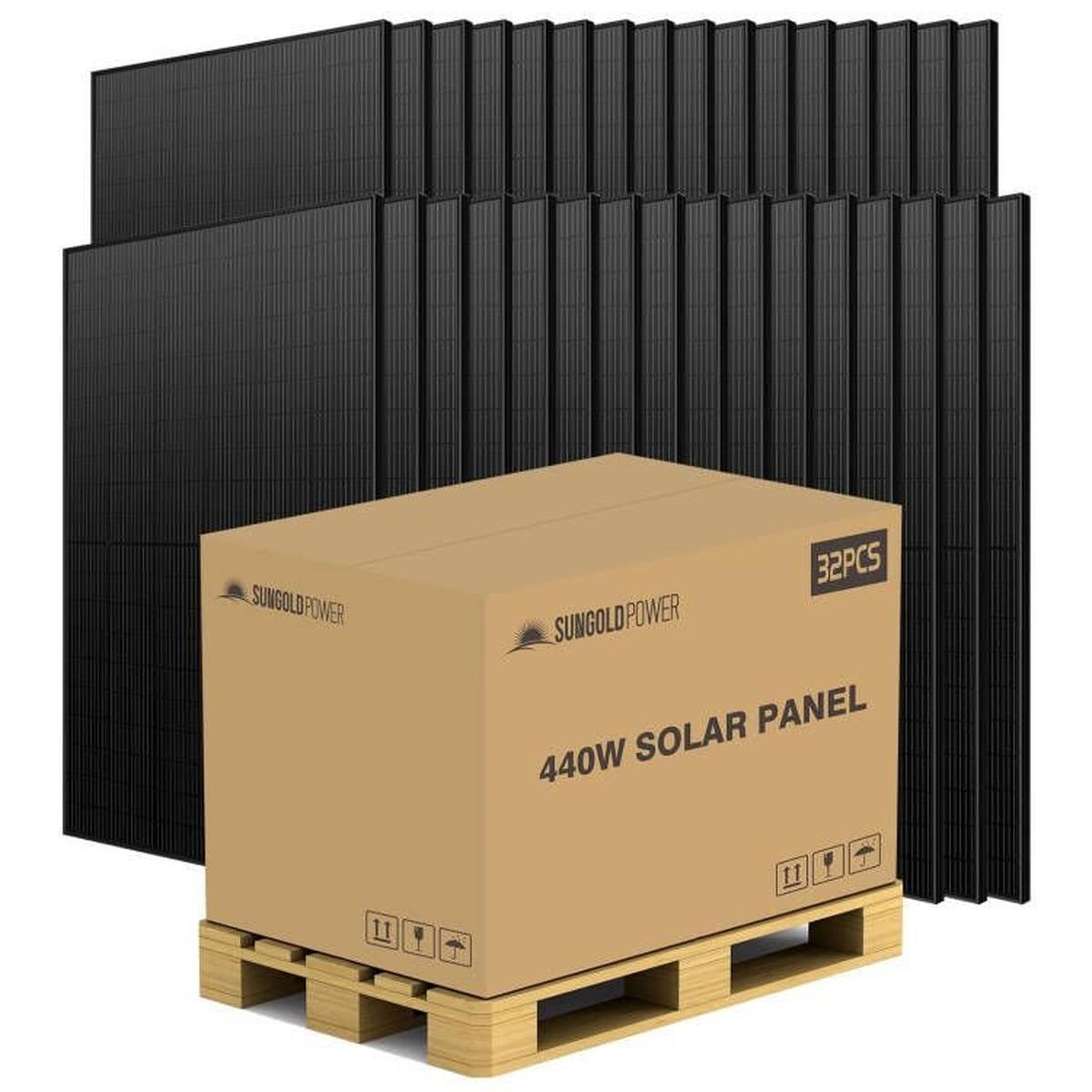An image showcasing a 440W black mono Perc solar panel with a highlighted section indicating the solar cells and a conversion rate of 20.3%.
