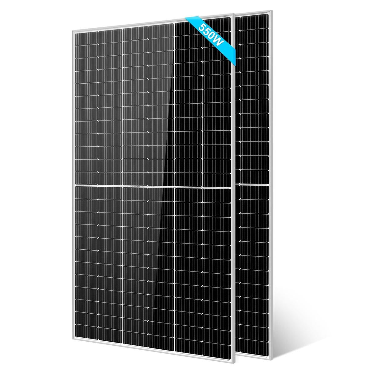 A single monocrystalline silicon solar panel with a black surface and blue borders, labeled with '550W' and 'MONO' indicators.