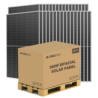 A pallet of monocrystalline silicon bifacial solar panels with a label indicating 560W bifacial solar panel.
