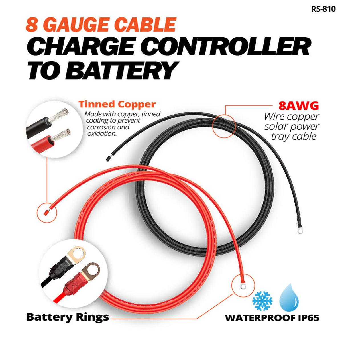 Extension Cable to Connect Charge Controller to Battery | Pair of Red and Black Extension Wires to Connect Charge Controller to Battery Cable | Choose Gauge: 8AWG, 10AWG-2