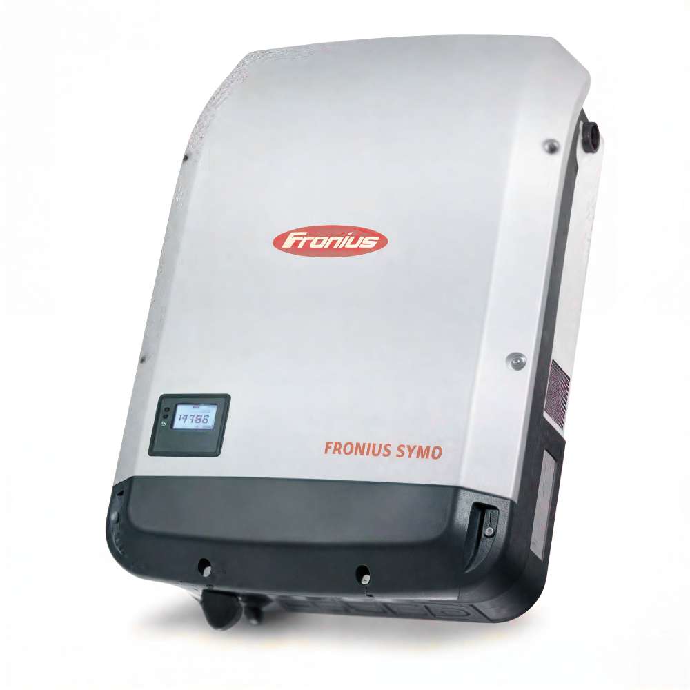 A Fronius inverter with a small display is mounted on a wall, showing the Fronius Symo Advanced Lite Inverter-10.0kW-4,210,090,801