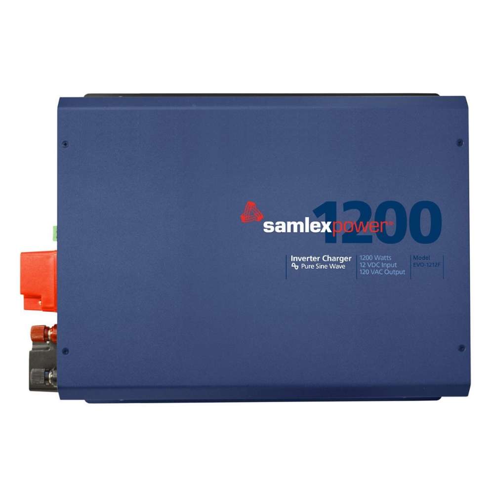 A blue metal power box labeled 1200, showing the front of the Samlex America Evolution Series EVO-1212F 1200 Watts 12VDC Pure Sine Inverter/Charger