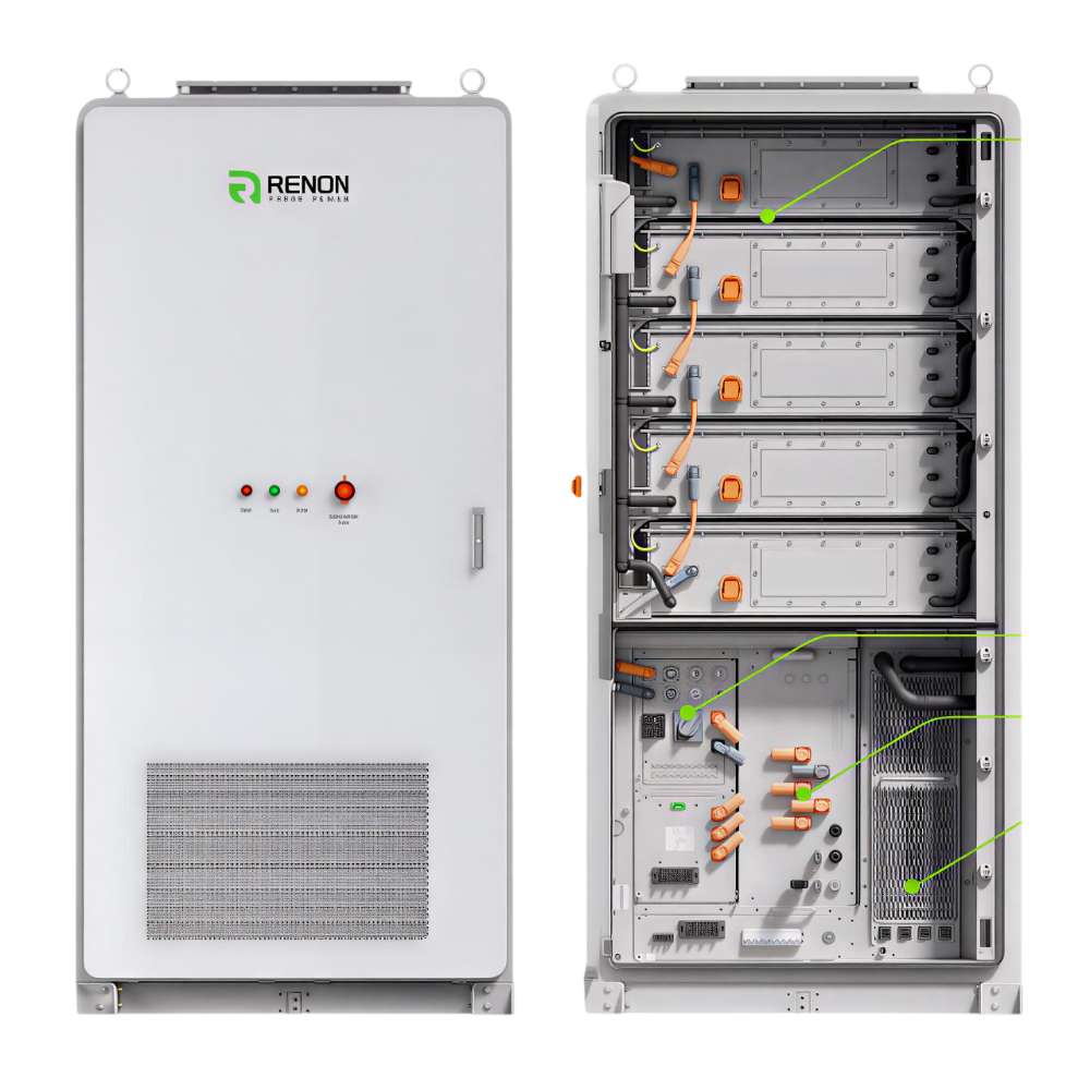 A closed cabinet and an open cabinet reveal internal battery modules and wiring inside the Renon Power MPack 233A 233kWh Liquid-Cooling Lithium Battery-MPACK233K