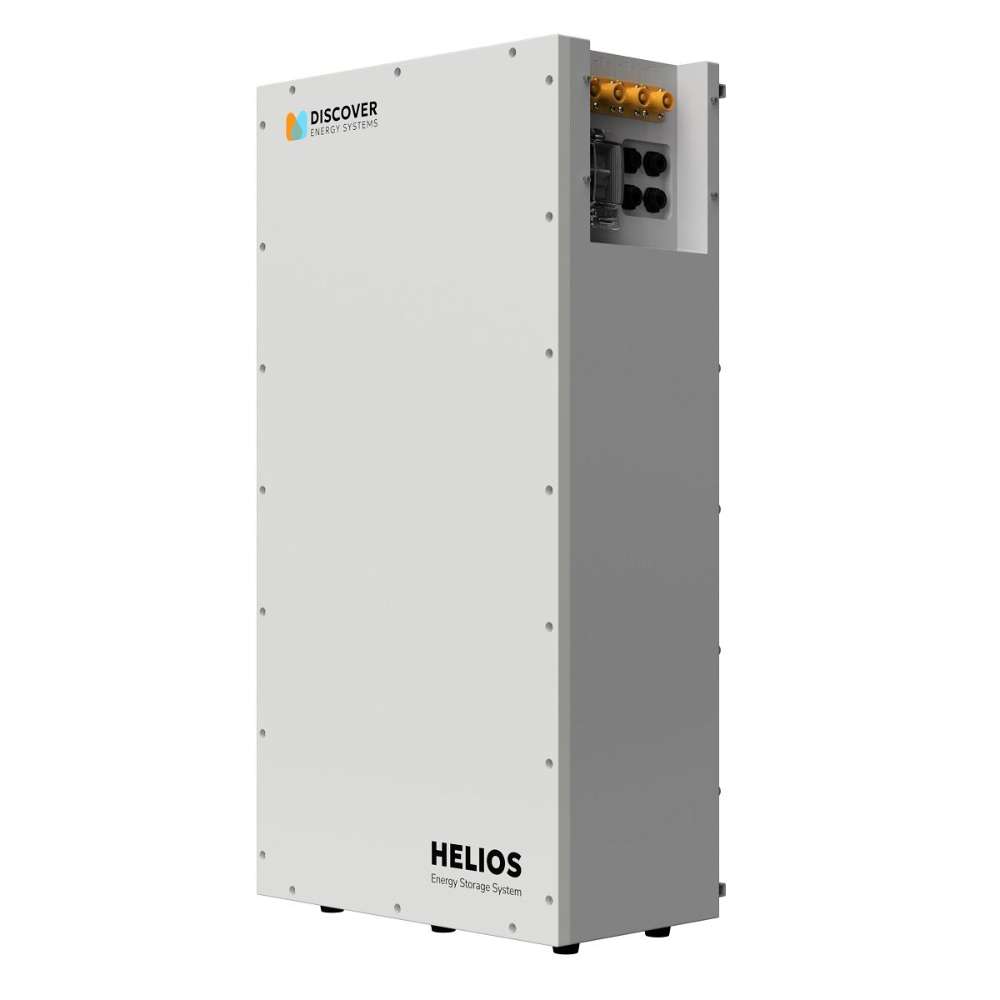 A conduit box attached to the Discover Energy 16.1 kWh HELIOS ESS LiFePO4 Outdoor Lithium Battery-52-48-16000 is shown with vents and a latch