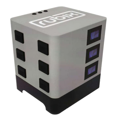 A cube-shaped modular battery tower with side ports represents the Rubix Stack Series 48 Volt 100AH Lithium Battery-RS-48100
